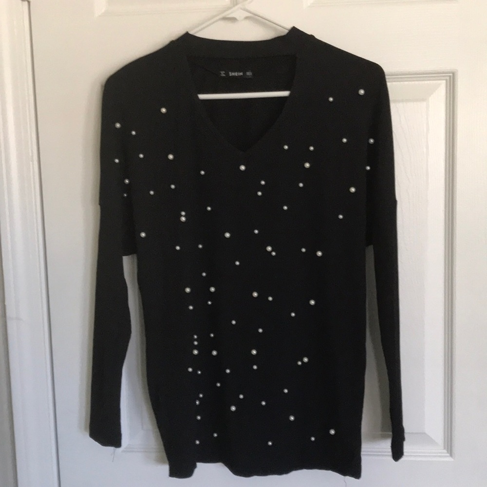 Black with pearls long sleeve stretchy shirt.